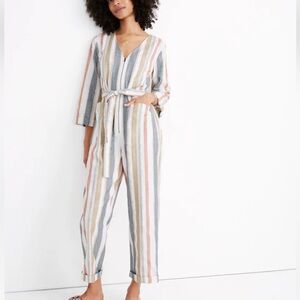 Madewell V-neck Tie-Waist New March Stripe Rusted Tin Boho Jumpsuit size 6